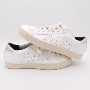 P448 John Low Top Sneakers | White Leather | Glitter Silver Tabs | EUC | 37/7